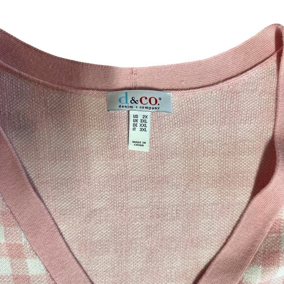 Denim & Co Pink White Jacquard Gingham Check V Neck Cardigan Sweater Womens 2X - Picture 3 of 7